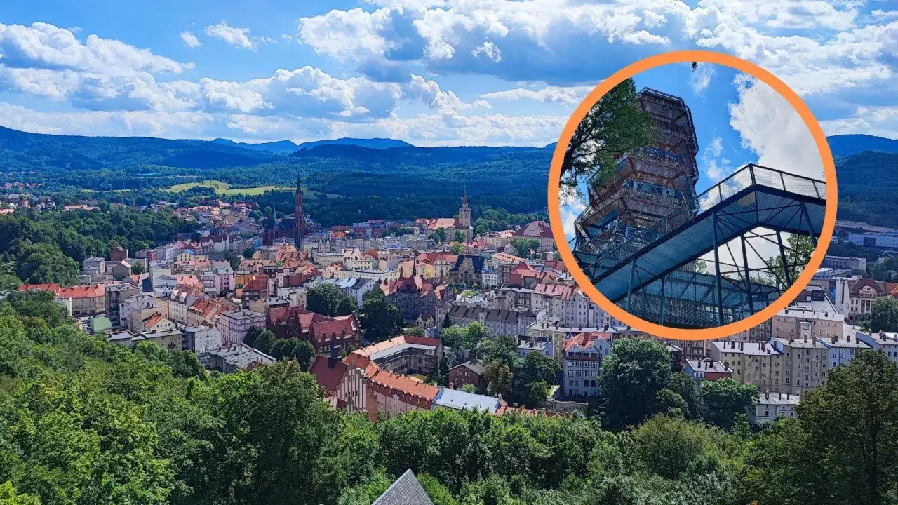 Widok na miasto w Górach Wałbrzyskich z wieżą widokową.
