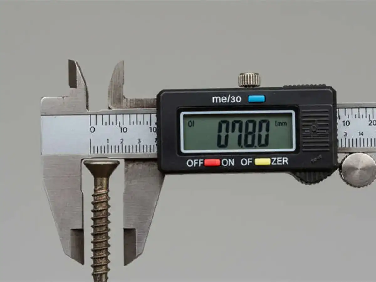 Calibrador digital mide un tornillo, mostrando 07.80 mm. Así se mide un tornillo con precisión.