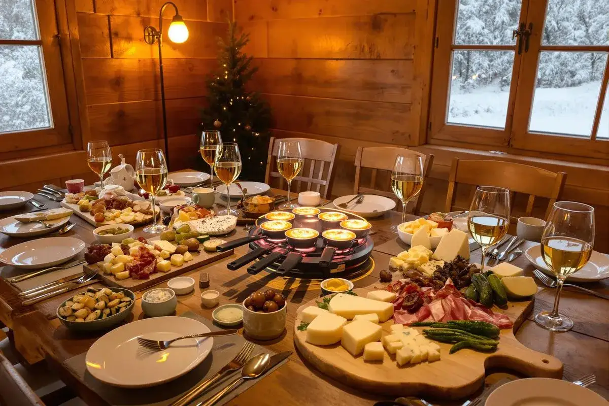 Une table dressée pour une raclette réussie, avec fromages, charcuteries, cornichons et vin blanc, sous une lumière chaleureuse.