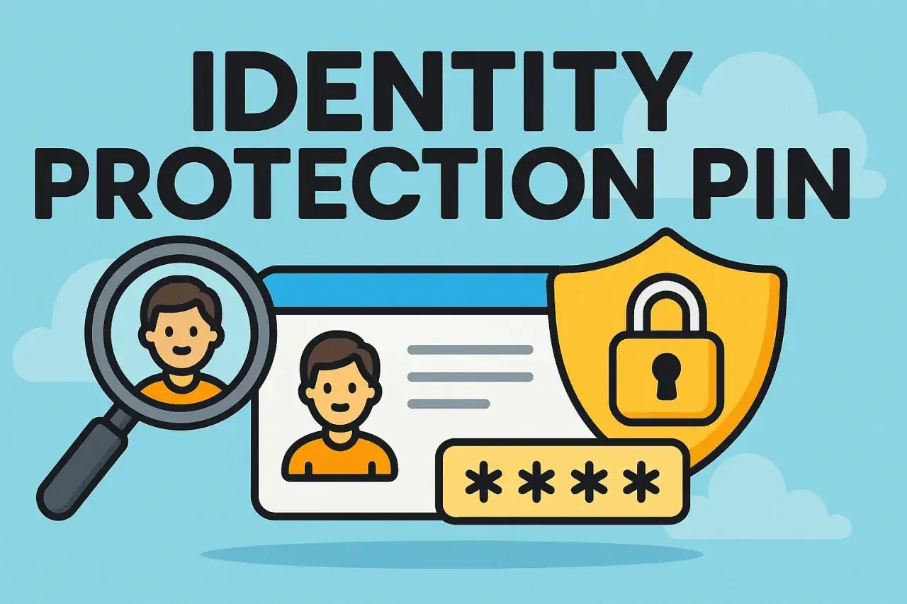 Schutz der Identität durch einen PIN. Ein Lupenbild zeigt eine Person, daneben ein Ausweis mit einem Schloss-Symbol und vier Sternchen für den PIN.