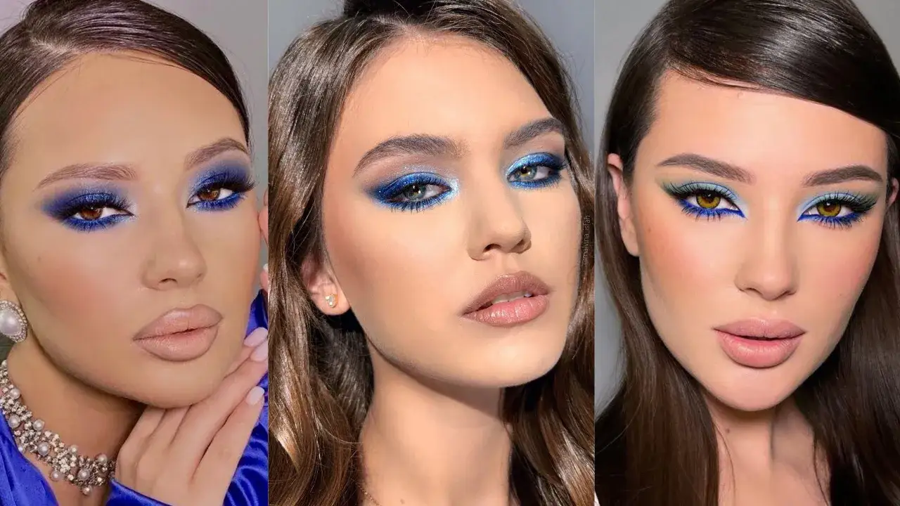 Tres looks de maquillaje con sombras azules vibrantes, delineados dramáticos y labios nude.