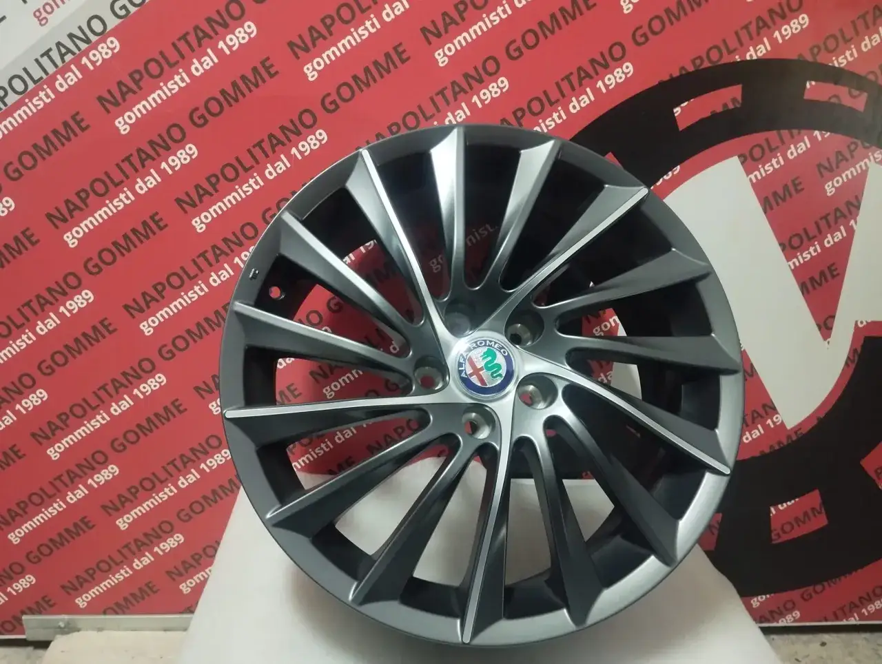Cerchio in lega grigio scuro, design a 10 razze, con logo Alfa Romeo al centro. Pneumatici Stelvio 18.