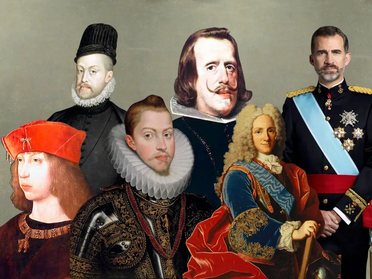 Retrato de varios monarcas espa&ntilde;oles, incluyendo al rey Felipe VI, junto a figuras hist&oacute;ricas como el pr&iacute;ncipe Felipe.