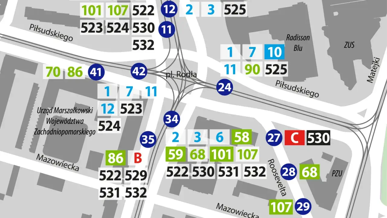 Mapa komunikacji miejskiej w Szczecinie. Widoczna linia 58, przystanki pl. Rodła, Mazowiecka, Piłsudskiego, Matejki.