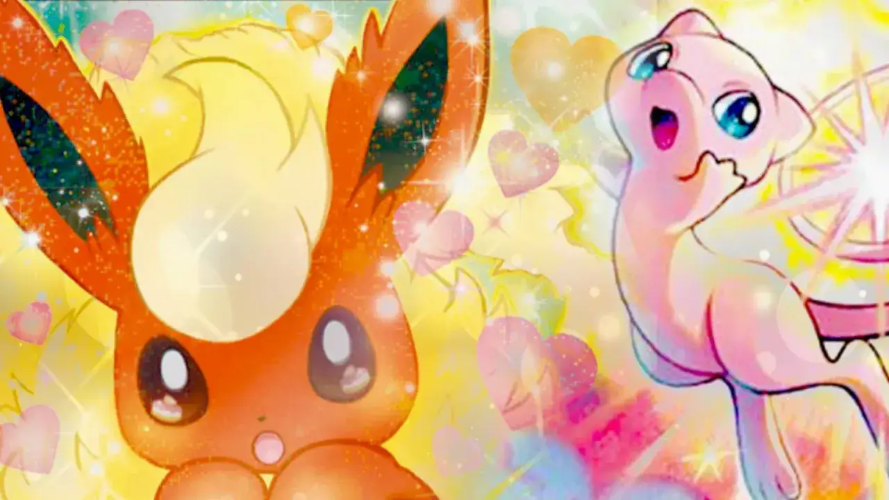 Le carte Pok&eacute;mon pi&ugrave; belle: Flareon e Mew, circondati da cuori scintillanti e un'aura magica.