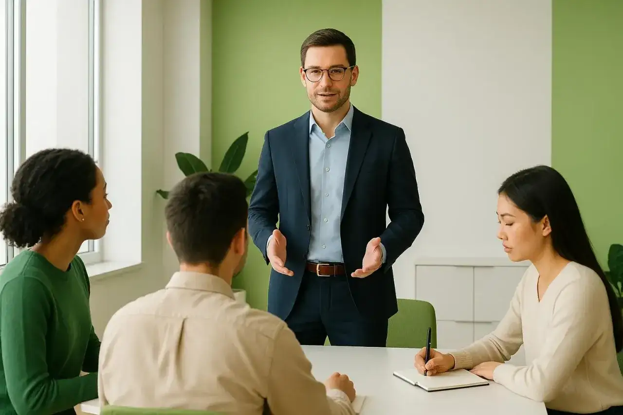 A leader in a suit addresses a diverse team, demonstrating accountability as he explains a project.