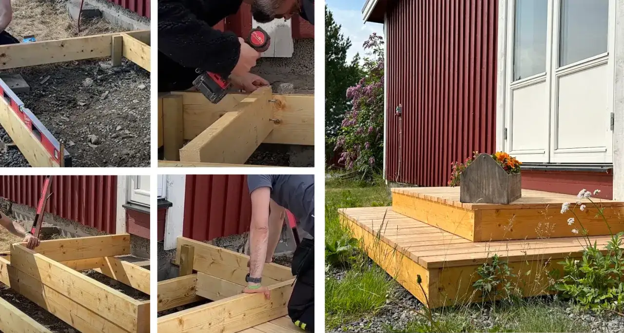 Bygga trappa utomhus: steg-f&ouml;r-steg-guide visar hur man bygger en ny trappa av tr&auml; till huset.