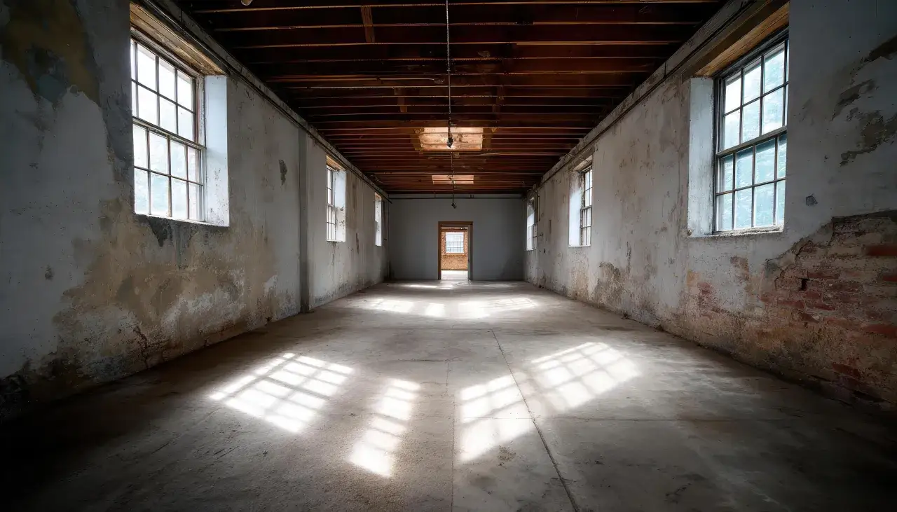 Sunlight streams through grimy windows, illuminating the dusty floor of an abandoned hall. This is classic urbex photography, capturing the beauty of decay.