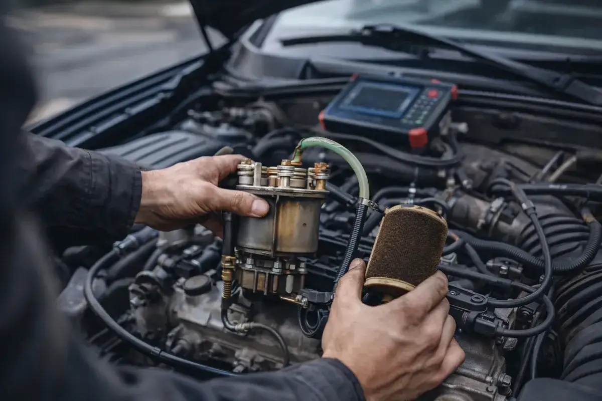 Mechanik wymienia filtr paliwa, by wyeliminować szarpanie przy puszczeniu gazu. W tle widoczny tester diagnostyczny.