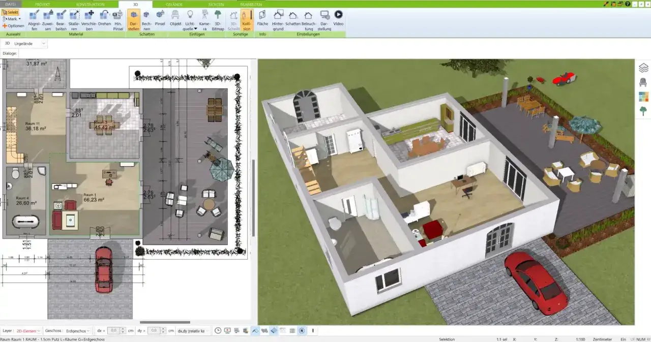 Grundriss einer Altbauwohnung mit 3D-Ansicht, möbliert und mit Außenbereich.