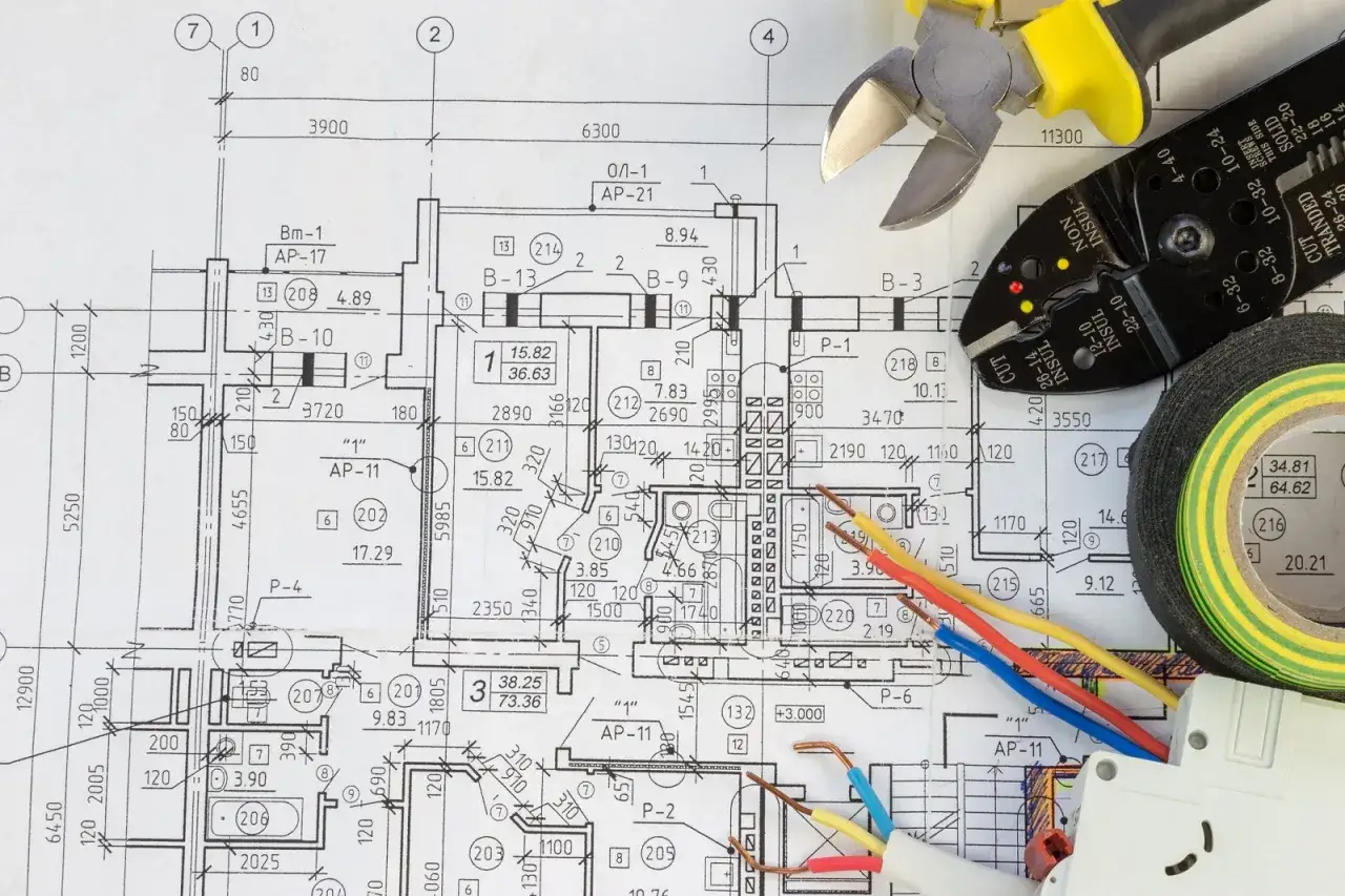 Na planach elektrycznych widać kabel czarny, brązowy i niebieski, narzędzia do jego podłączenia: obcinaczki, ściągacz izolacji i taśmę izolacyjną.
