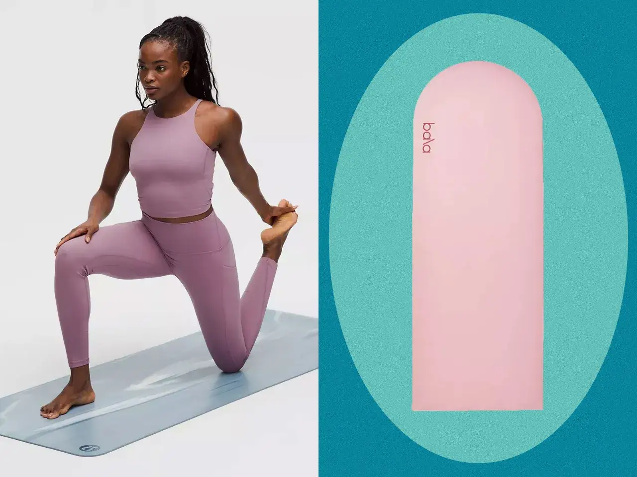 Donna in abbigliamento sportivo viola esegue stretching su un tappetino. Accanto, un tappetino rosa con logo 