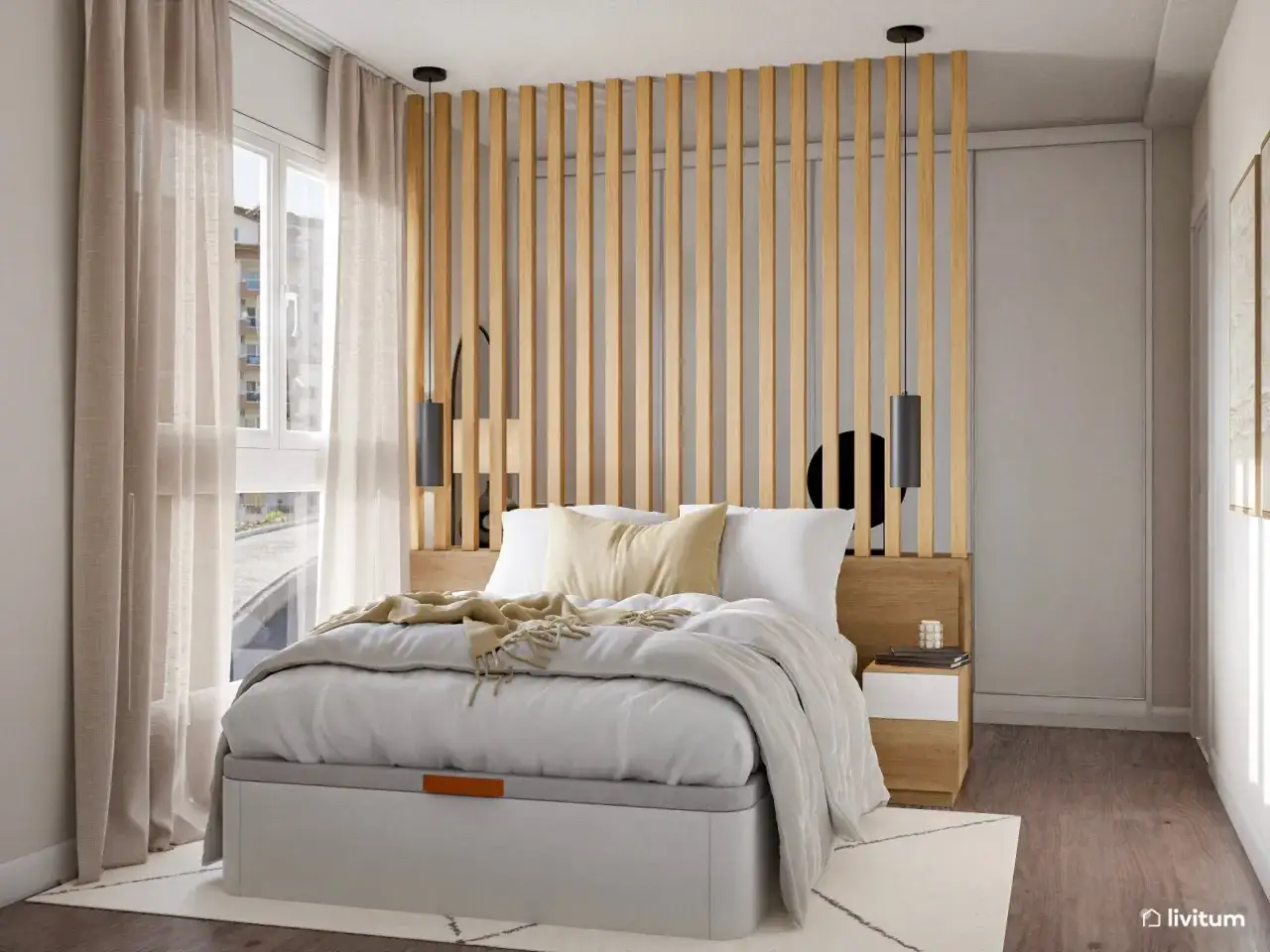 Acogedor dormitorio con vestidor integrado, cama con ropa de cama blanca y mantas de tonos tierra, cabecero de lamas de madera y mesita de noche.