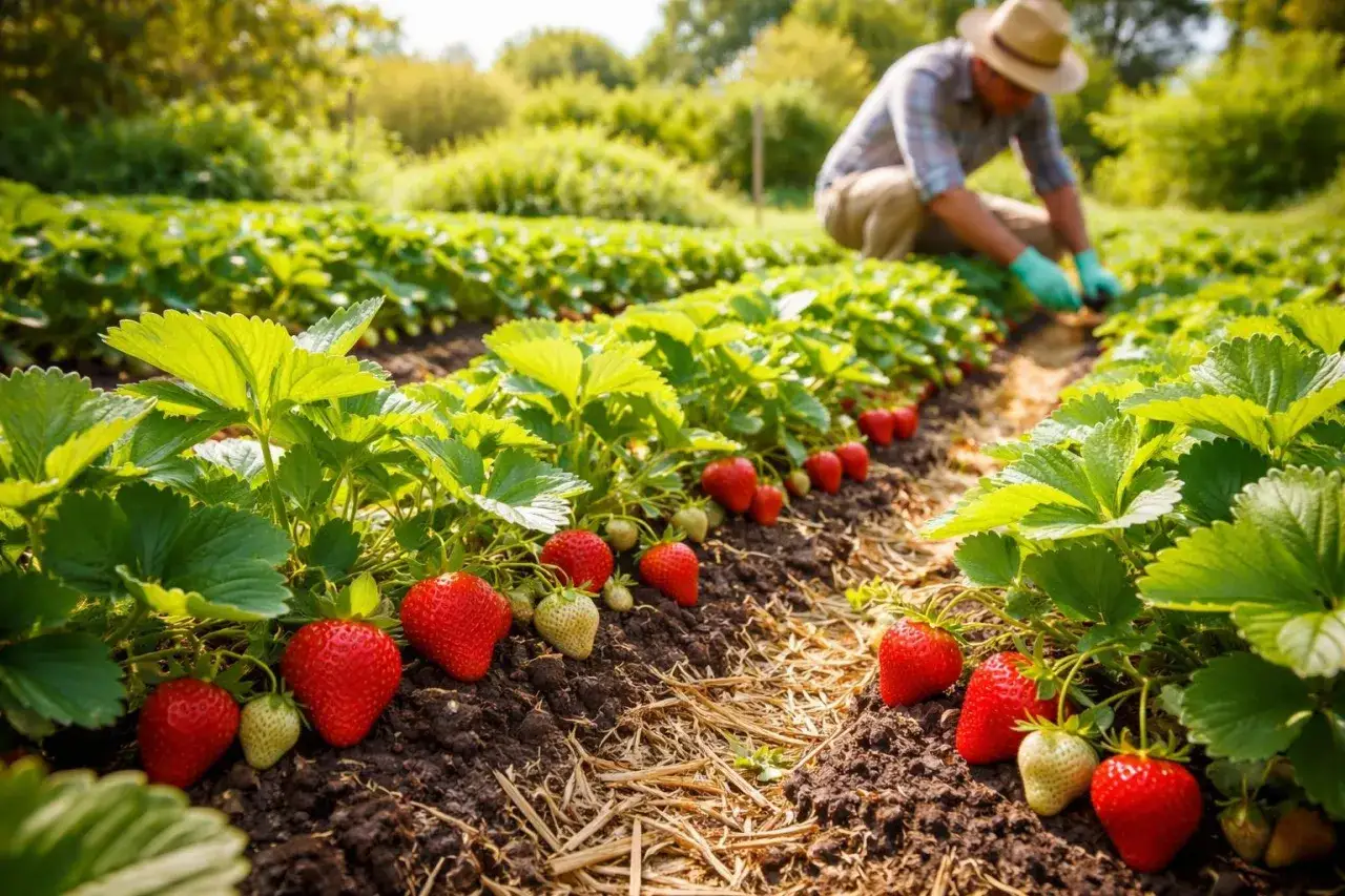 Reife Erdbeeren auf einem Feld. Ein Bauer k&uuml;mmert sich um die Pflanzen. Perfekt, um zu wissen, was im August pflanzen.