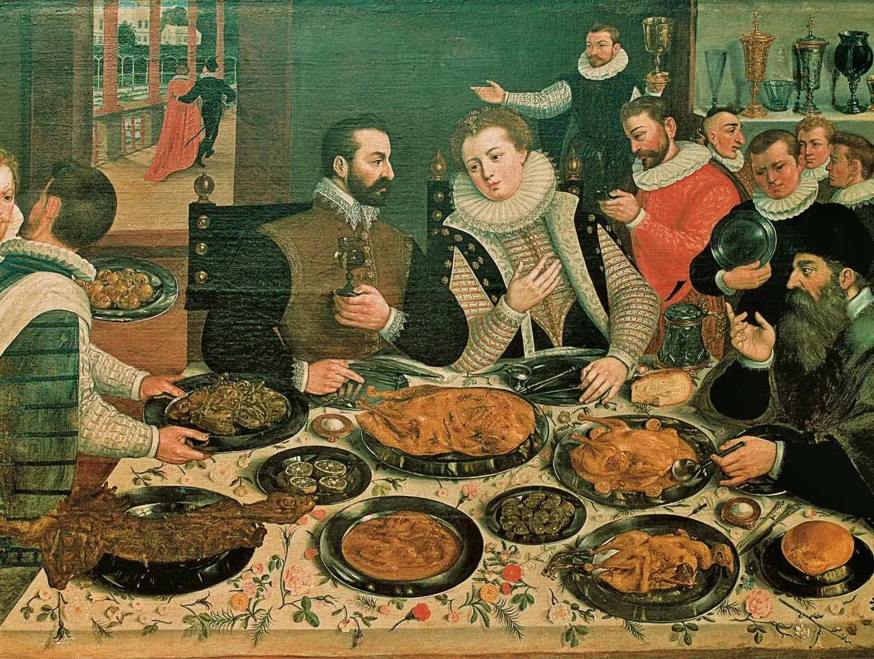Un festin somptueux, témoin de l'histoire de la cuisine. Des plats riches, des convives élégants, une scène de banquet d'époque.