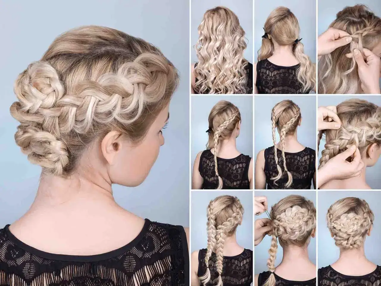 Peinado de semirecogido pelo rizado con trenzas elaboradas, ideal para un look rom&aacute;ntico y elegante.