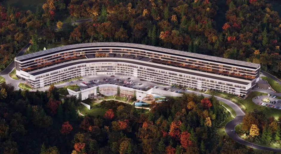 Wizualizacja hotelu Moxy Szczyrk, nowoczesny budynek w g&oacute;rach, Szczyrk