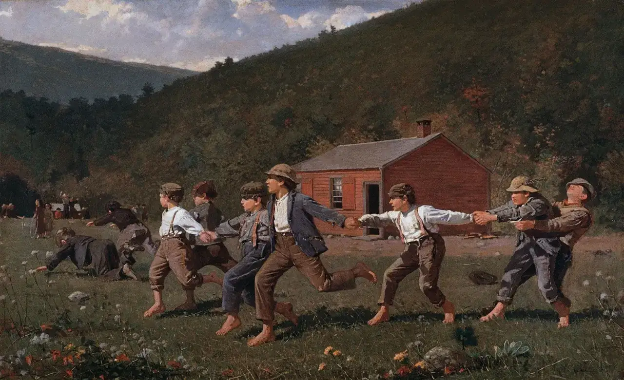 Boys in a field, holding hands and running, as if to snap the whip. A red schoolhouse stands in the background.
