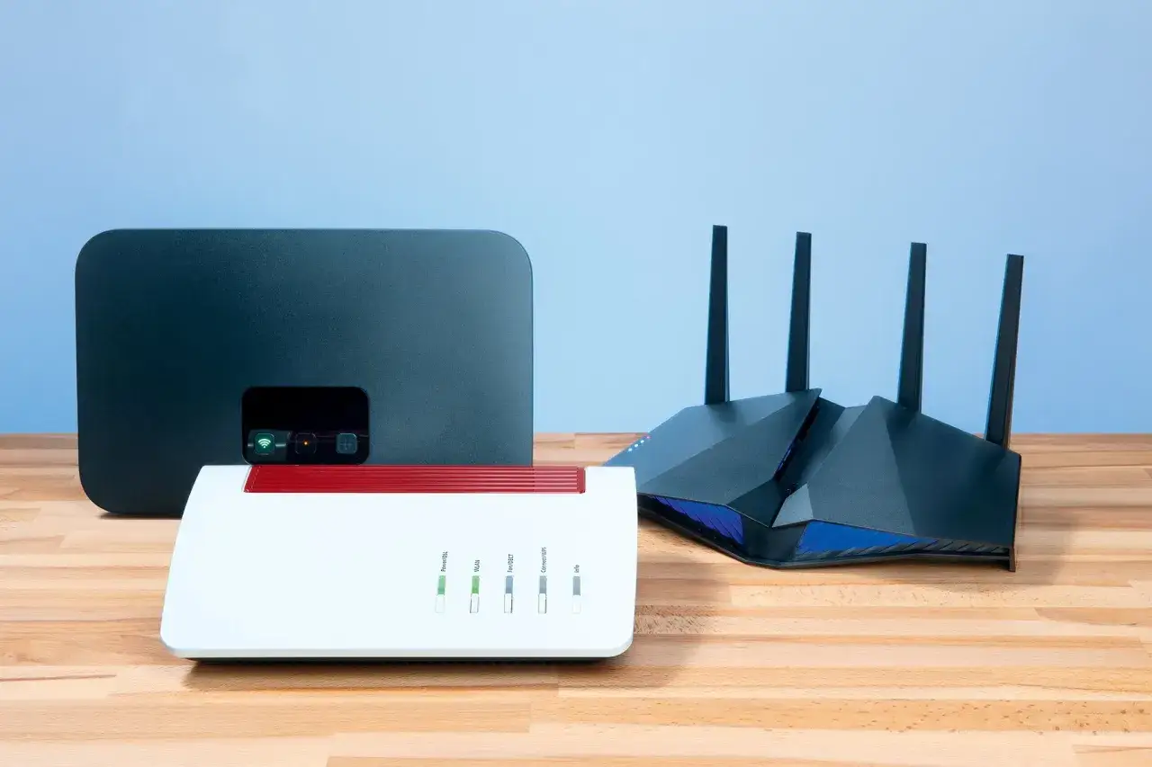 Drei WLAN-Router auf einem Holztisch. Einer ist weiß mit roten Akzenten, die anderen beiden sind schwarz. Die Wahl zwischen WPA2 oder WPA3 ist entscheidend für die Sicherheit.