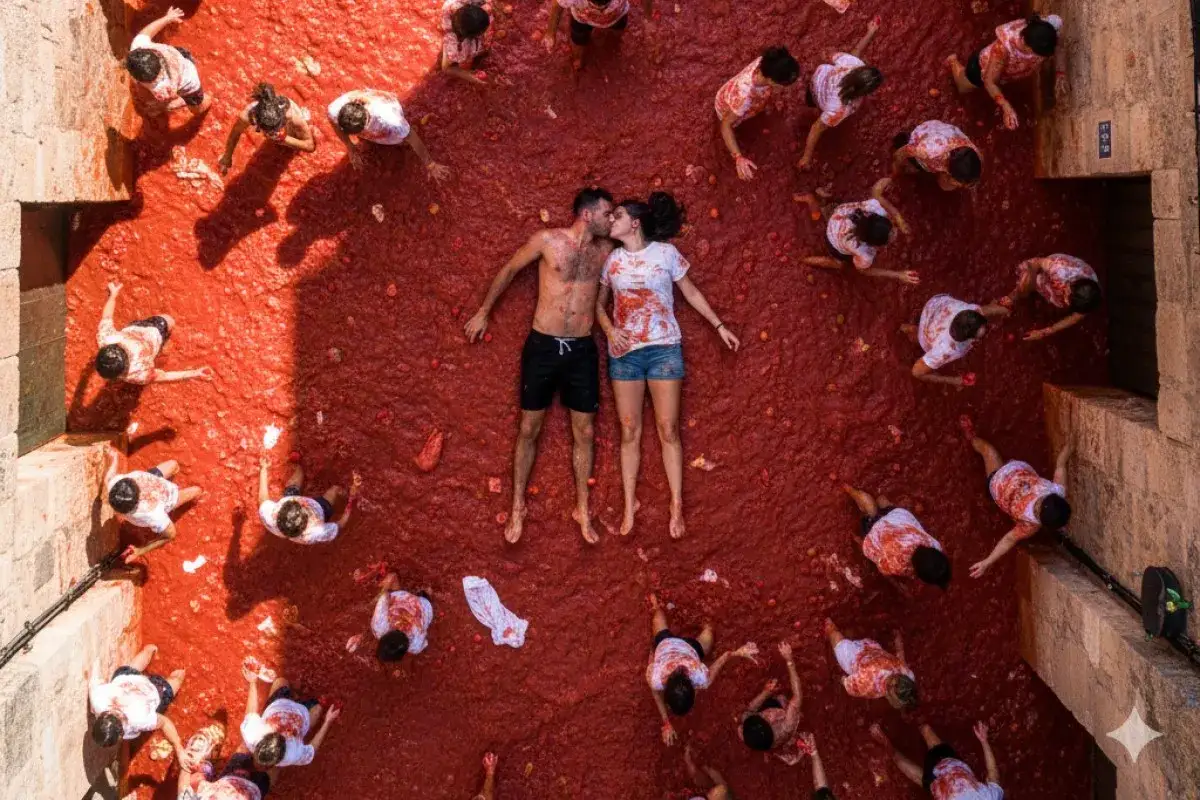 Para zakochanych całuje się pośród tłumu ludzi rzucających pomidorami podczas La Tomatina w Hiszpanii.