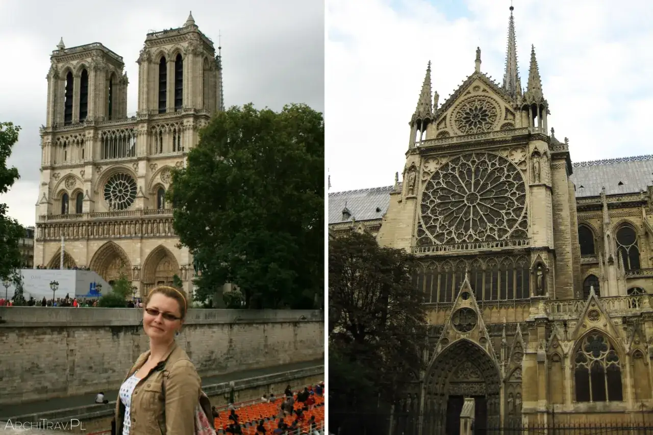 Notre Dame przed i po: widok fasady z turystką i detale architektoniczne katedry.