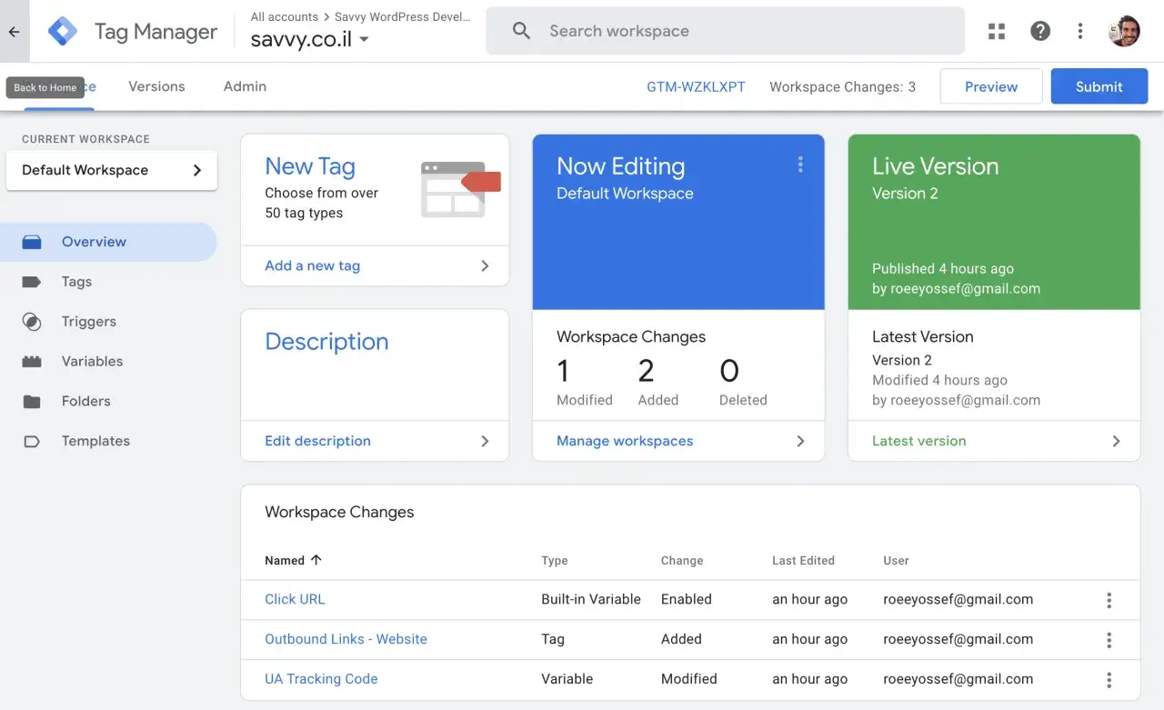 Interfejs Google Tag Manager. Widzisz panel boczny z opcjami (Overview, Tags, Triggers, Variables, Folders, Templates) oraz główne okno z informacjami o bieżącym obszarze roboczym i zmianach.