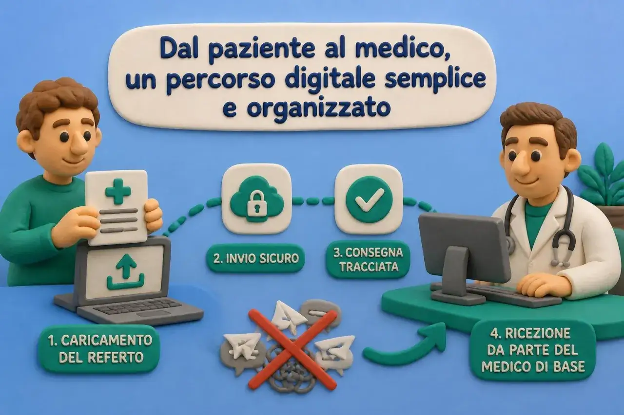 Percorso digitale paziente-medico: caricamento referto, invio sicuro, consegna tracciata e ricezione dal medico. Il follow up significato medico &egrave; garantito.