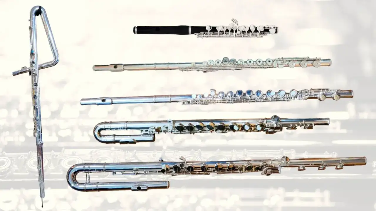 Różne instrumenty podobne do fletu: od małego, czarnego, po długie, srebrne z zakrzywionymi częściami.