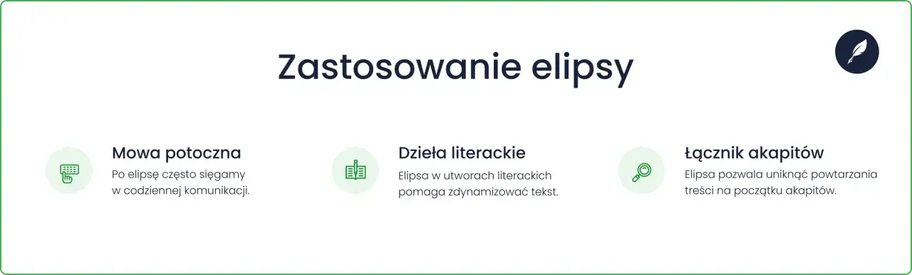Zastosowanie elipsy: w mowie potocznej, dziełach literackich i jako łącznik akapitów. Elipsa to środek stylistyczny.