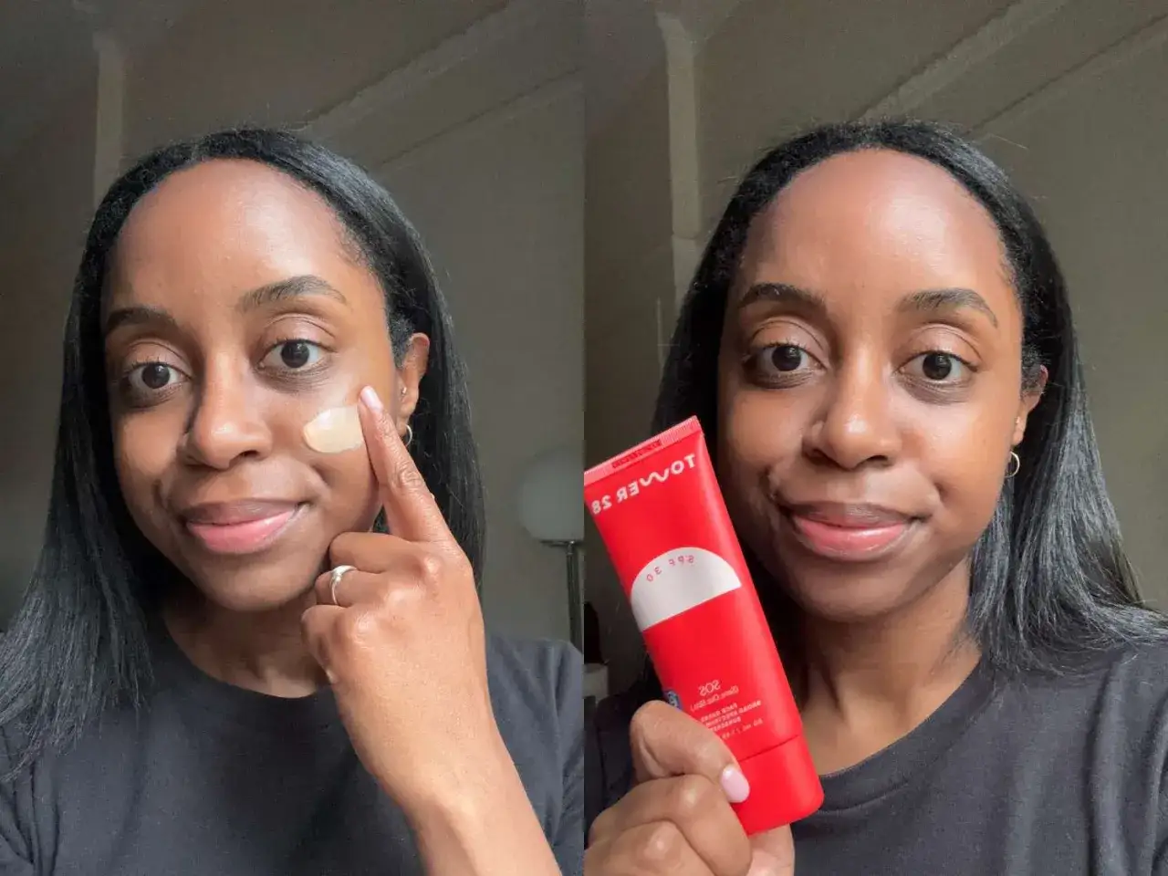 Mujer aplica crema en su rostro, mostrando el mejor protector solar según dermatólogos. Tubo rojo con SPF 30.