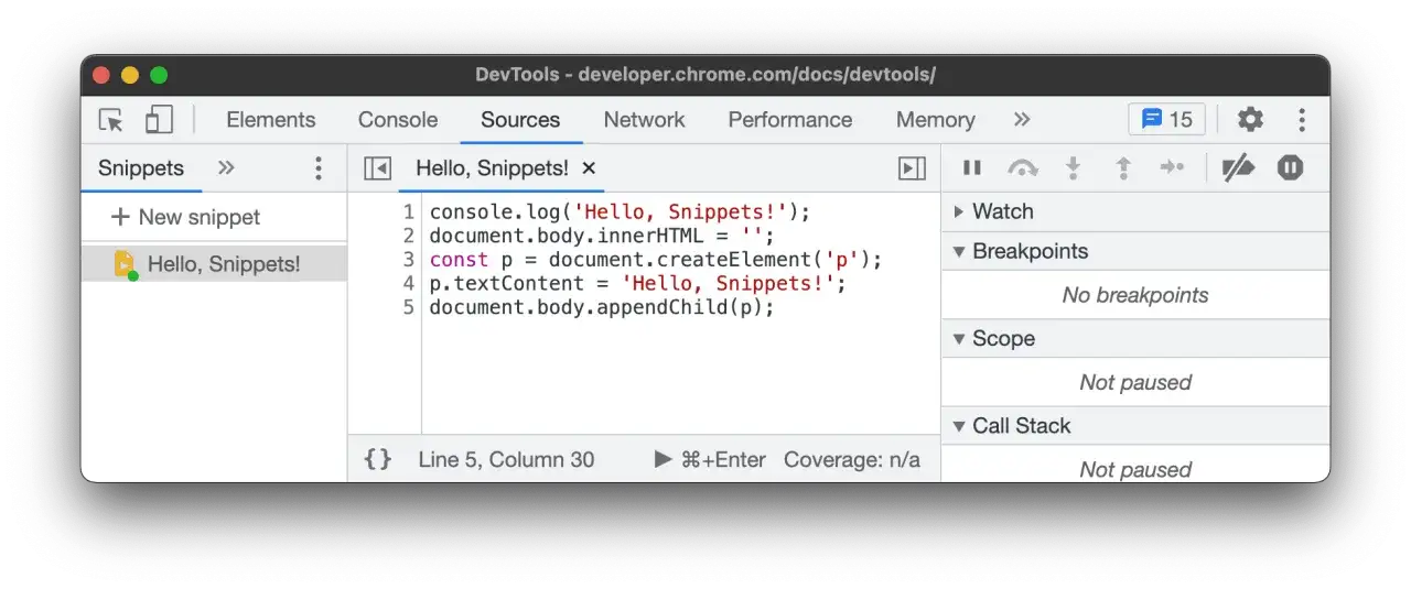 Kod javascript w narzędziach deweloperskich Chrome. Prosty program 