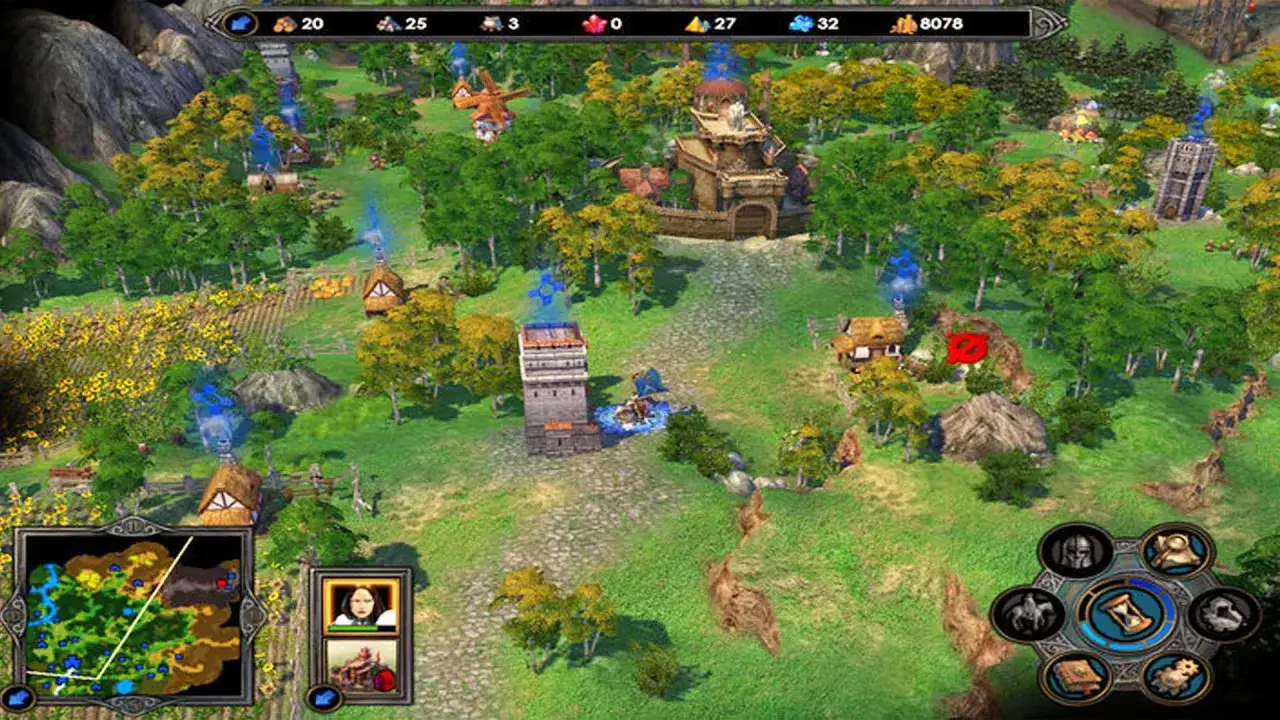 Gra heroes 8: widok z lotu ptaka na zieloną krainę z budynkami, wieżami i zasobami.