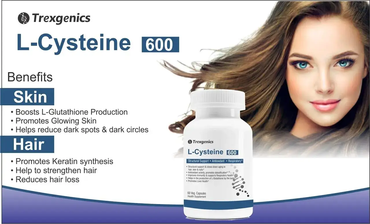 L-Cysteine 600 od Trexgenics dla pięknej skóry i mocnych włosów. Poprawia kondycję cery i redukuje wypadanie włosów.