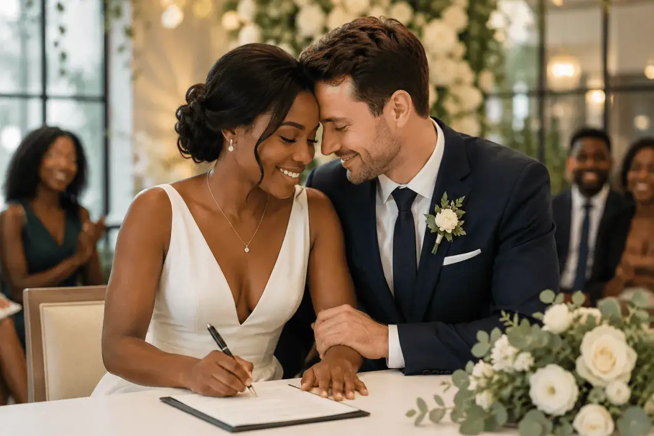 Novia firma el acta de matrimonio, rodeada de amor. Un momento tan especial como los poemas para bodas.
