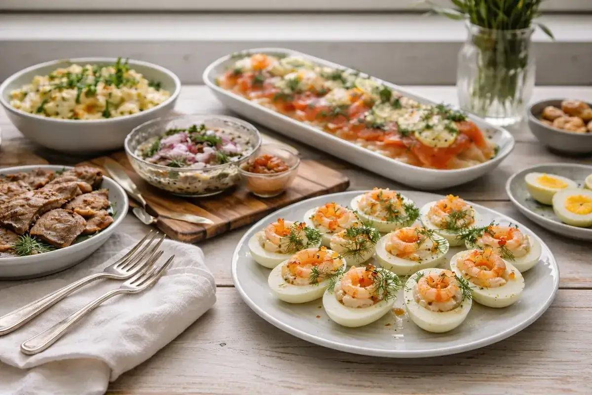 En festlig p&aring;skbuff&eacute; med &auml;gghalvor fyllda med r&auml;kor, gravad lax, k&ouml;tt och sallader. Perfekt f&ouml;r att inspireras av nya p&aring;skmat recept.