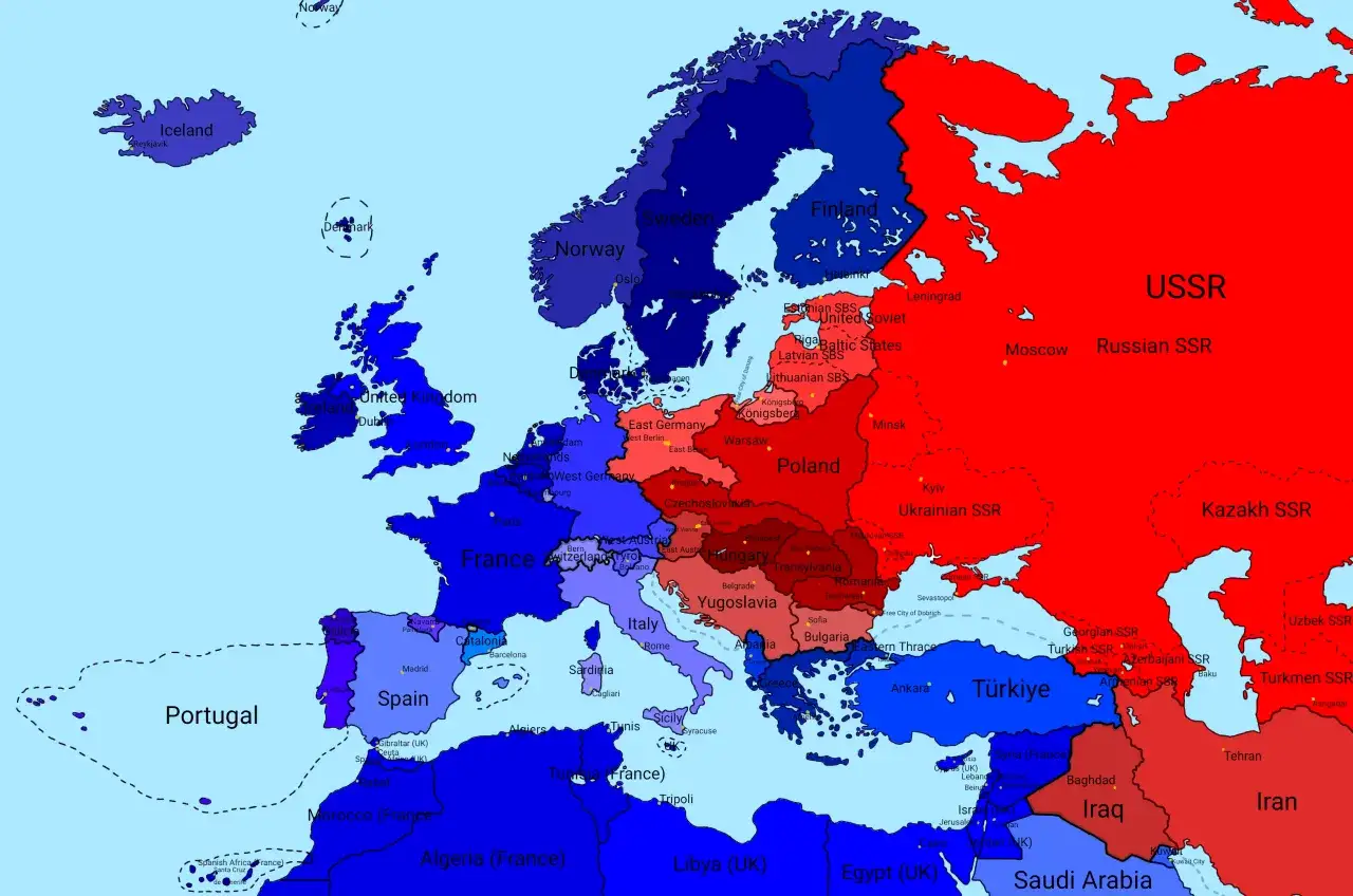 Mapa Europy i Bliskiego Wschodu z podziałem na bloki polityczne, ukazująca żelazną kurtynę i podział na kraje zachodnie i wschodnie.