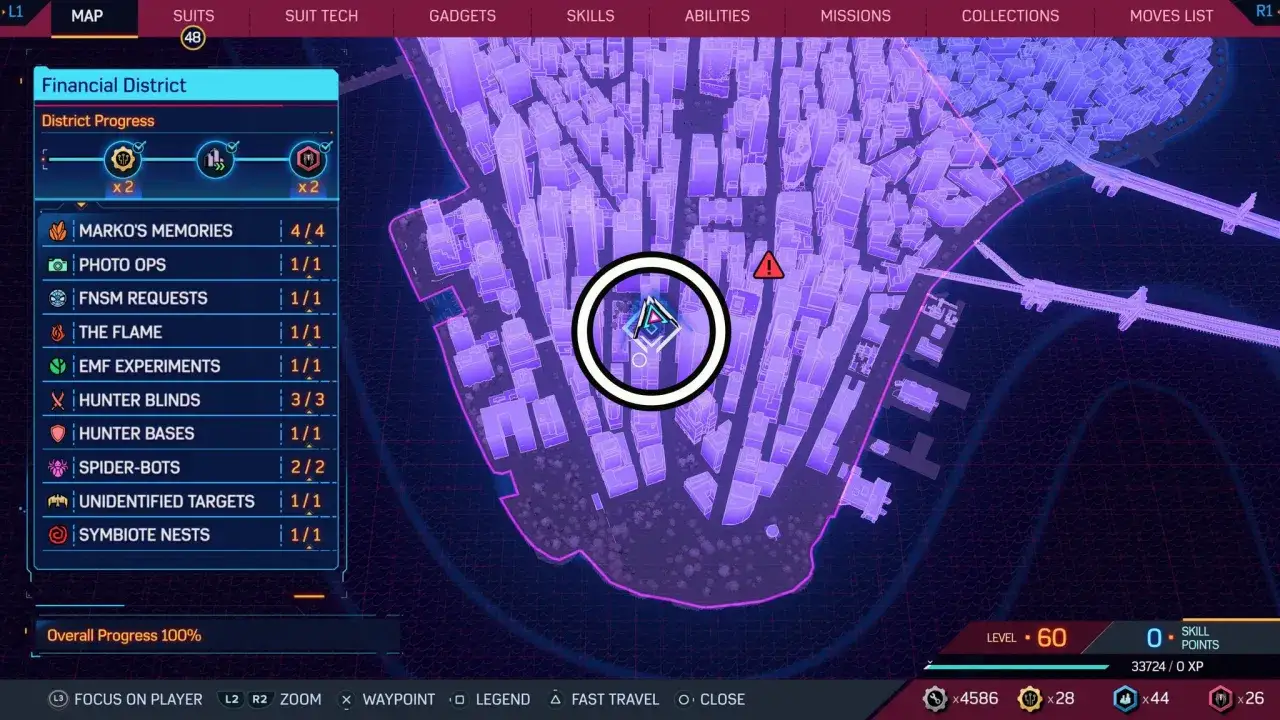 Mapa de Spider-Man 2, distrito financiero con 100% de progreso. El jugador busca el platino.
