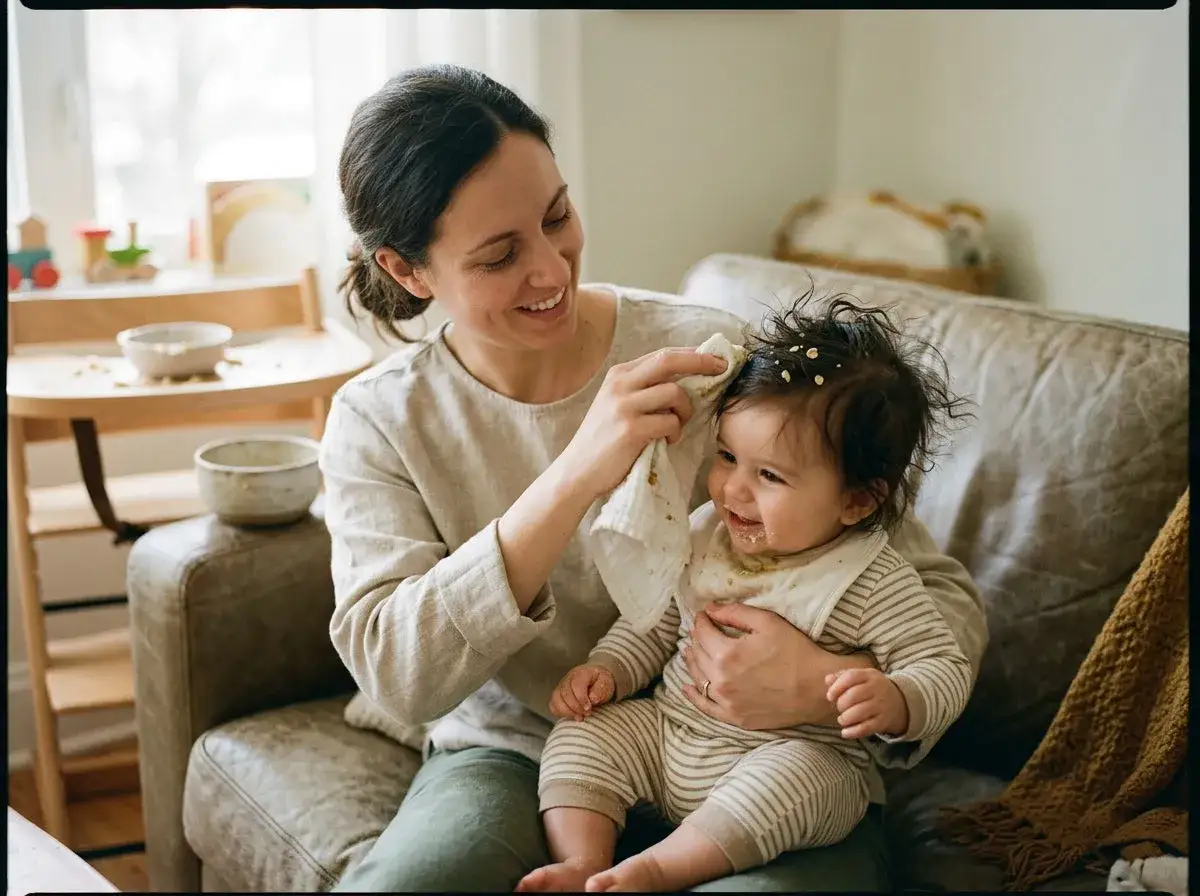 Glad mamma torkar gröt ur håret på sitt leende bebis. Bebis tappar hår, men det är mest gröt som fastnat i det mörka, lockiga håret.