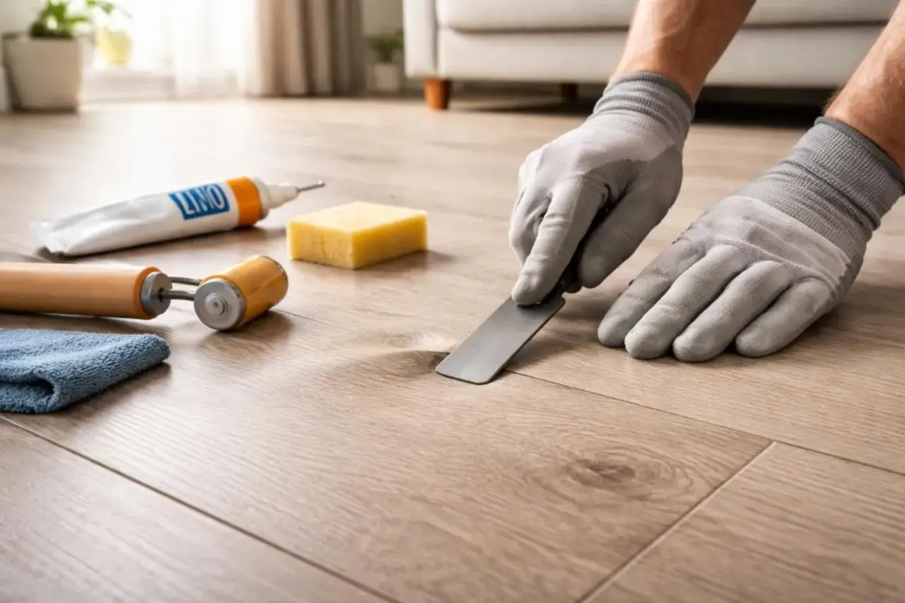 Gants gris, spatule et produits pour faire briller un lino terne. Un rouleau et une &eacute;ponge sont &agrave; proximit&eacute;.