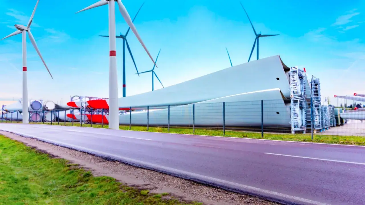 Wiatraki energetyczne w trakcie produkcji i montażu. Gigantyczne łopaty i elementy turbin czekają na transport.