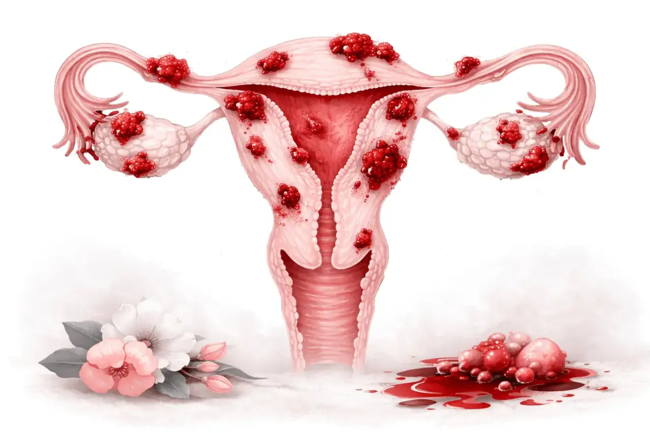 Ilustracja narządów rodnych z ogniskami endometriozy. Co to endometrioza? To choroba, która może powodować ból i problemy z płodnością.