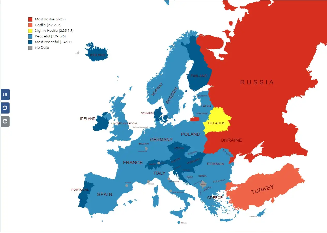 Mapa Europy z zaznaczonymi krajami. Najbezpieczniejszy kraj w Europie to Portugalia, Hiszpania i większość krajów zachodnich.