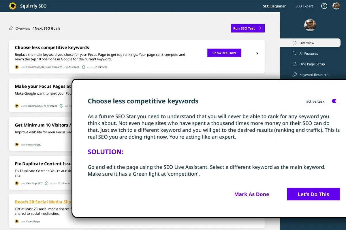 Conseils Squirrly SEO : choisissez des mots-cl&eacute;s moins comp&eacute;titifs pour un meilleur classement.