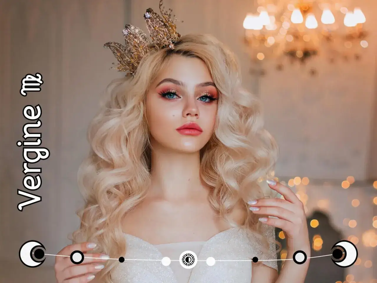 Królowa z koroną i blond lokami, z makijażem podkreślającym oczy. Tekst 