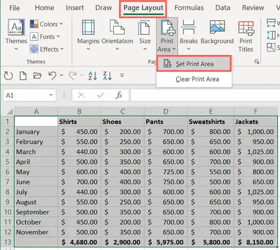 Excel set print area screenshot