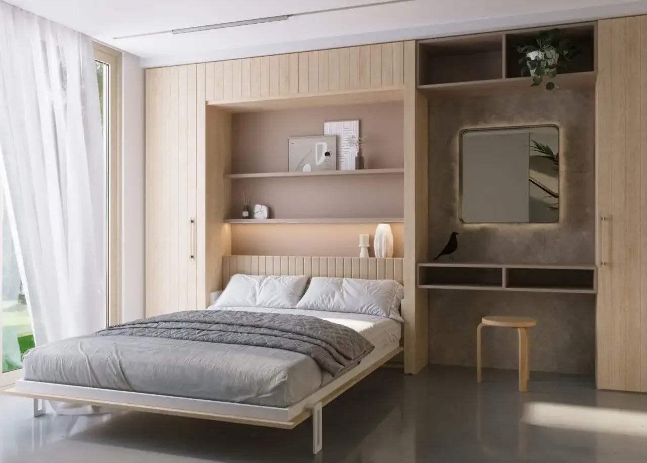 Habitaciones pequeñas para adultos con cama acogedora, estantes de madera, espejo iluminado y un toque de naturaleza.