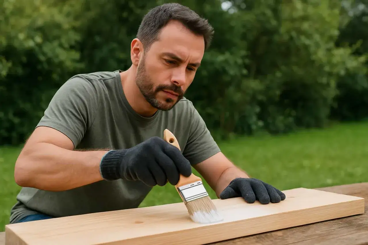 Uomo con guanti applica primer legno a una tavola. Il primer legno a cosa serve? A preparare la superficie per la verniciatura, migliorando l'adesione e la durata.