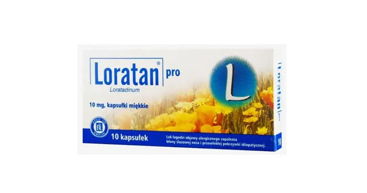 Opakowanie leku Loratan pro, zawierające 10 kapsułek miękkich z loratadyną, łagodzi objawy alergii.