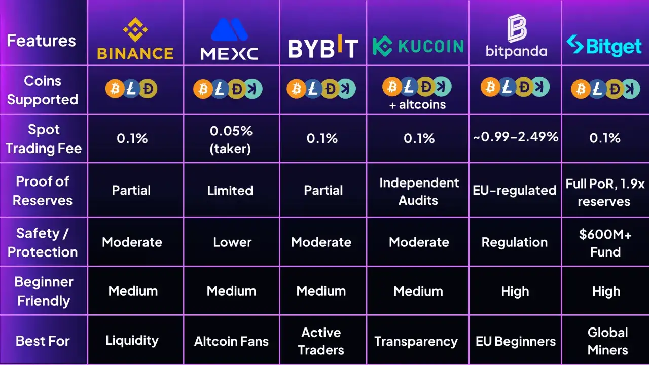 Porównanie giełd kryptowalut: Binance, MEXC, Bybit, KuCoin, Bitpanda, Bitget. Sprawdź, gdzie inwestować w kryptowaluty, analizując opłaty, bezpieczeństwo i przyjazność dla początkujących.