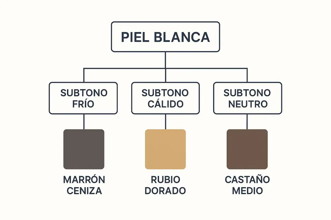 Guía para piel blanca: subtipo frío favorece marrón ceniza, cálido rubio dorado, neutro castaño medio. Descubre qué color de pelo me favorece si soy blanca.
